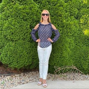 Navy Polka Dot Cold Shoulder Top - S
